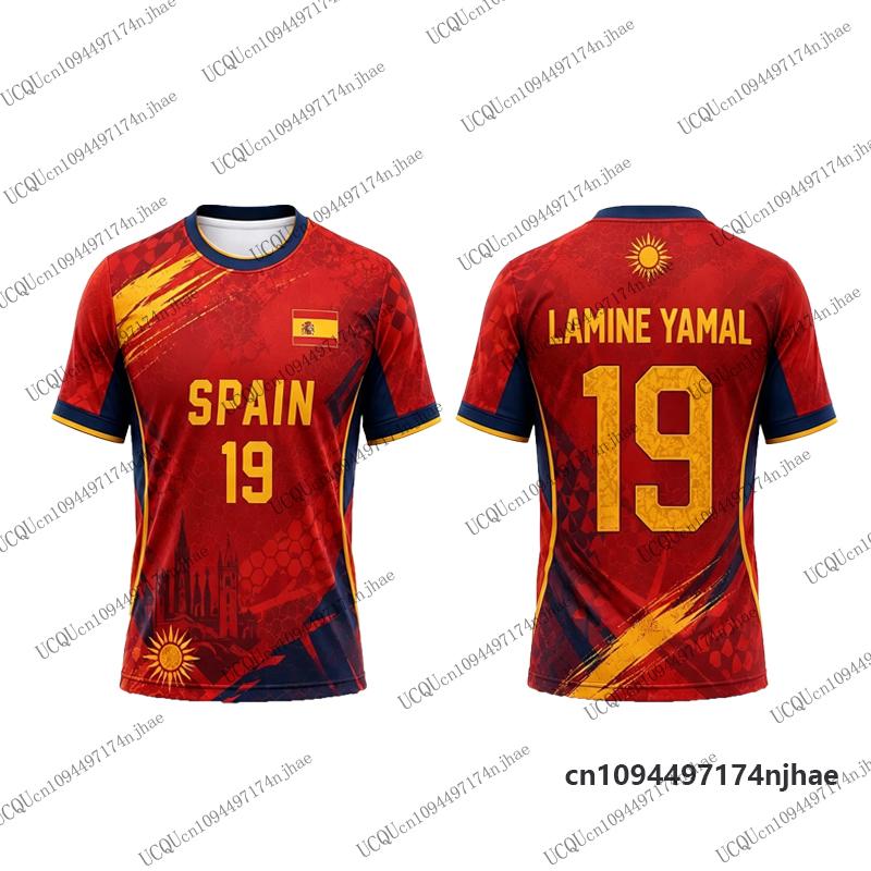 Tuta da Ginnastica per Bambini Spagna Tifosi Yamal #19 Stampa Maglietta+Pantaloncini Set Casual Maglia da Calcio Tuta Sportiva Bambini/Adulti Completo 2 Pezzi