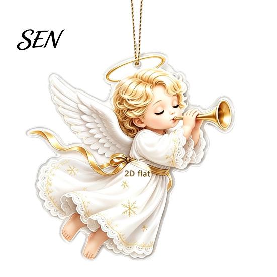 Festive Tree Ornament Christmas Angel Pendant with Lanyard, 2D Flat Acrylic Hanging for Holiday Gift Decoration, Cute Decor Party Car Window Stocking