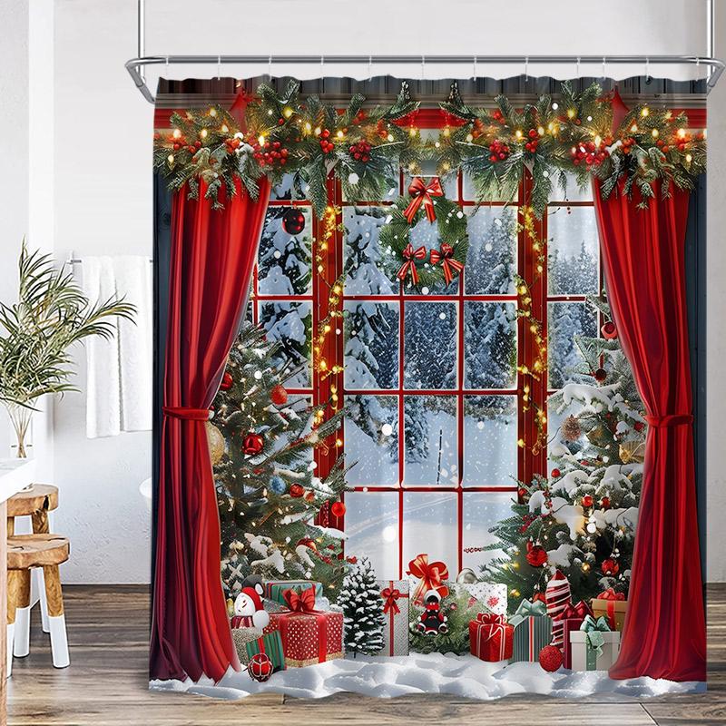 Cortină de duș de Crăciun Brad Cadouri Pădure de iarnă Cedru Natură Peisaj Agățat de perete pentru casă Cortine de baie din material textil Decor