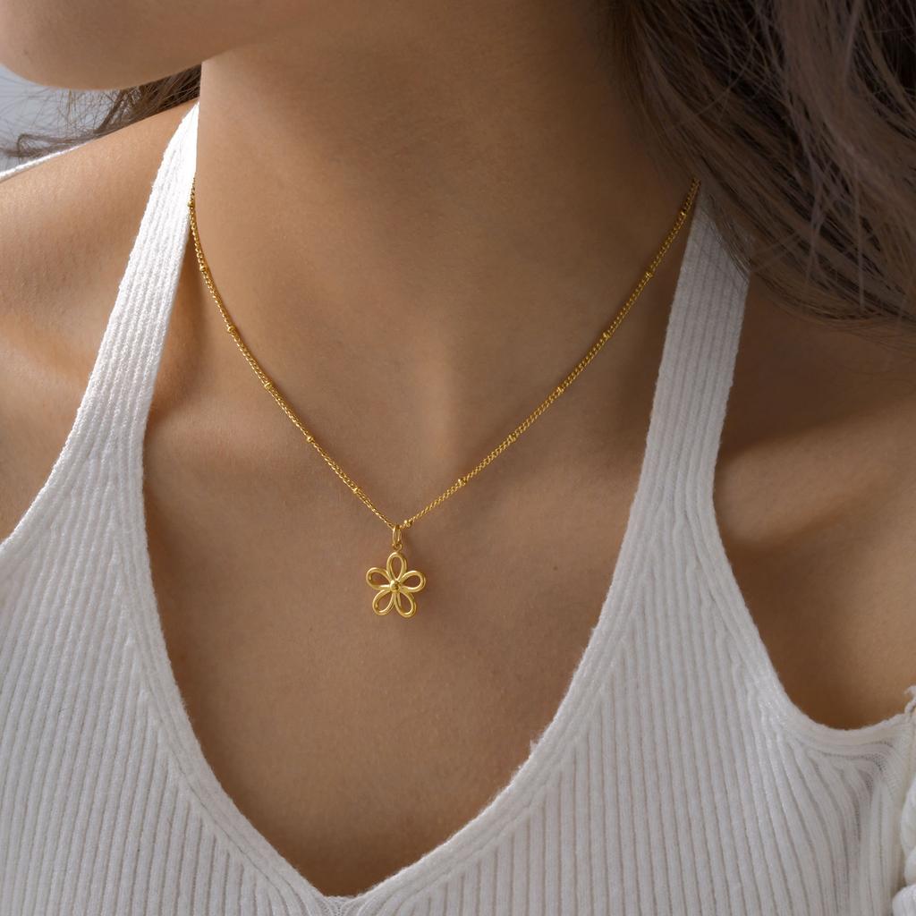 Stainless Steel Bead Chain Hollow Flower Gold Necklace, Elegant Fashion Accessories 1876