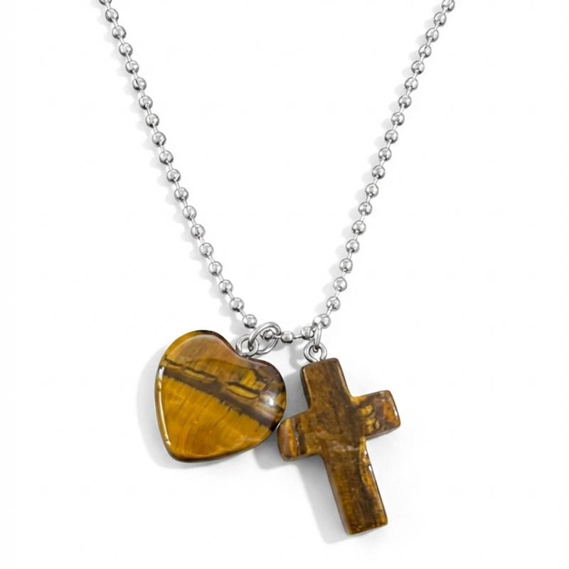 

Stylish Natural Crystal Heart Crucifix Pendant Necklace with Stainless Steel Chain Adjustable Neckchain For Women