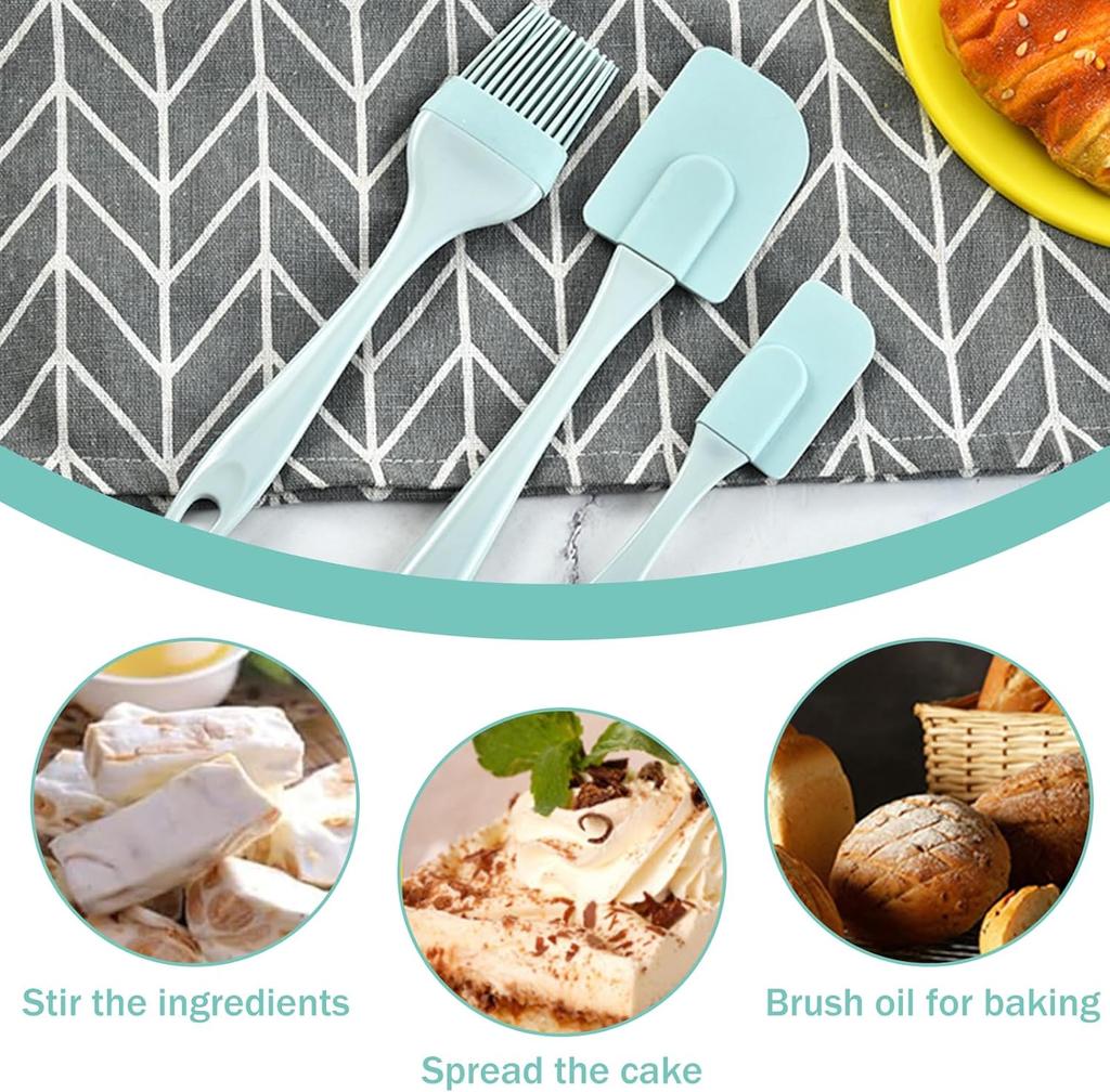 Silicone Oil Brush and Spatula Set, High Heat Resistant Silicone Basting for Bakery and Cooking (Green/Pink))