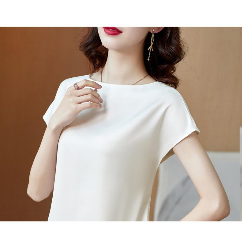 Round Neck Short Sleeve Women's Solid Color Mulberry Silk Top Large Size Loose Satin Bottoming Shirt
