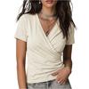 Damen Kreuz V-Ausschnitt Raffung Kurze Ärmel T-Shirt Lässiges Oberteil Dehnbarer Weicher Stoff Figurbetont Leicht Sommerbluse