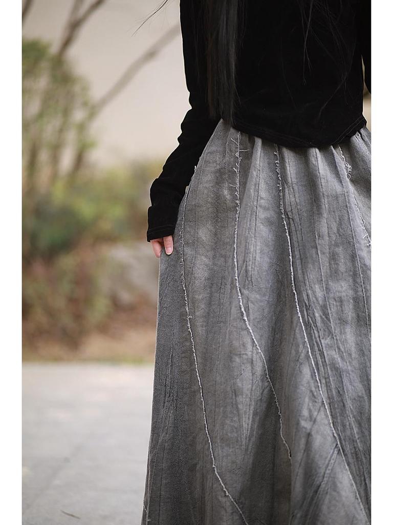 Spring/Summer Ramie Tie-Dye Patchwork Midi Skirt with Frayed Edges