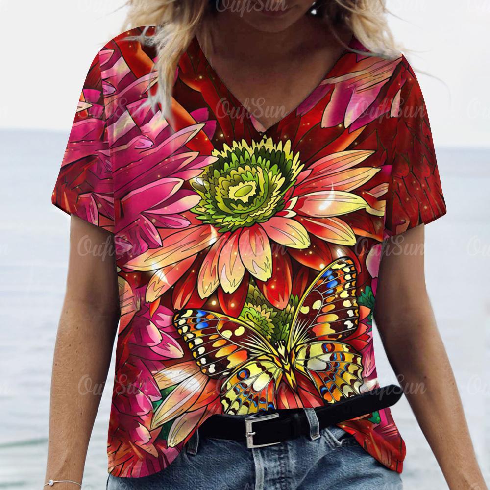 2024 Damen T-Shirt Sommer Schmetterling T-Shirt Übergröße Damenbekleidung Oversized Designer Kurzarmshirt Damen V-Ausschnitt Bluse