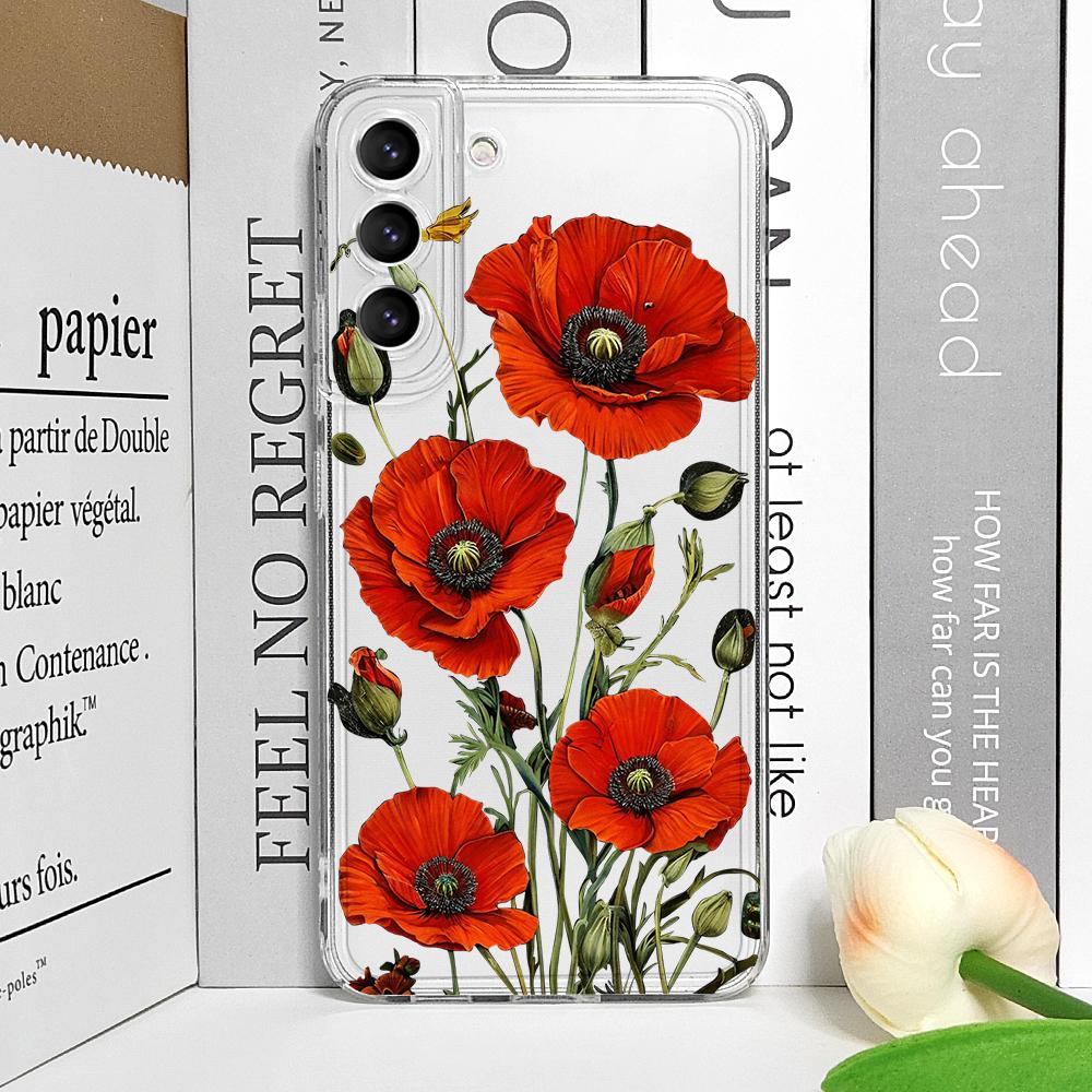 

Poppy Flower Bloom Hot Red Floral Print Clear Phone Case for Samsung A14 A16 A36 A55 A54 A53 A52 A51 A50 A15 A22 A71 Soft Cover Galaxy A56 5G