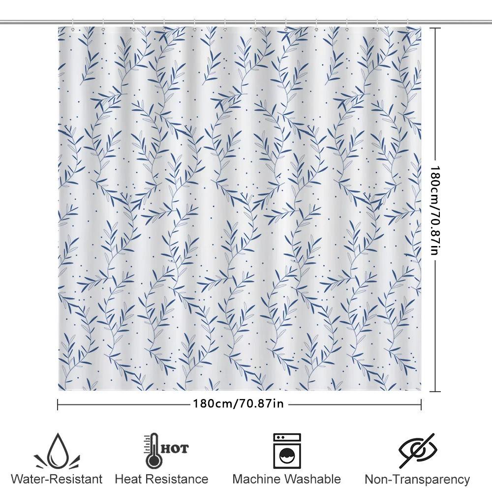 Elegant Blue Leaf Shower Curtain Modern Bath Decor For Bathroom Remodeling Water Resistant Fabric With Hooks (White Navy)