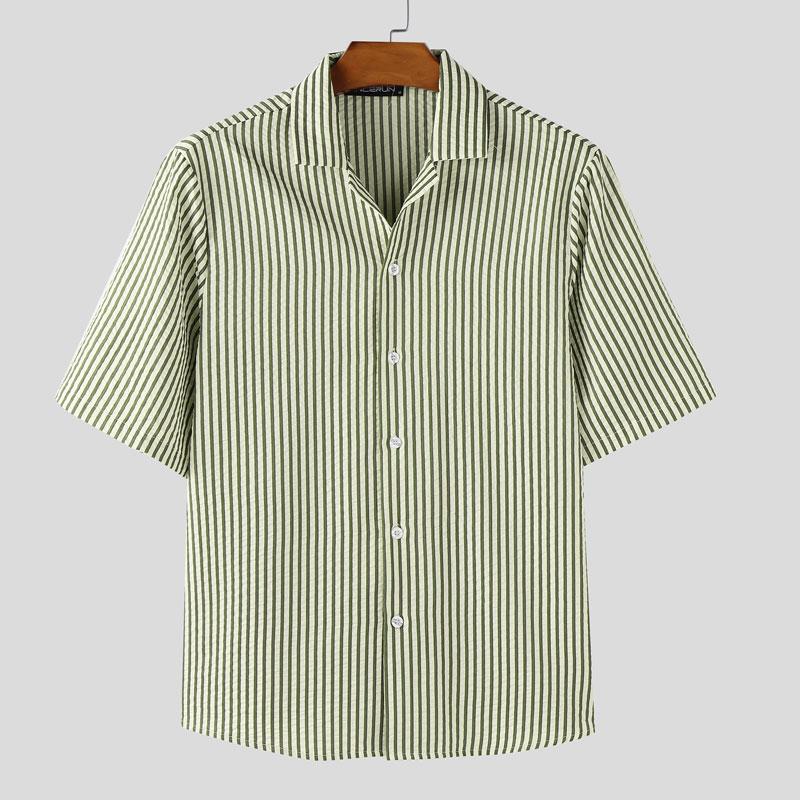 

INCERUN Summer Vintage Men Lapel Neck Short Sleeve Striped Print Casual Shirts M