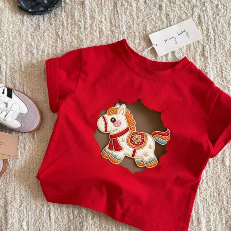 Kids Pure Cotton Cartoon Short Sleeve T Shirt Summer Baby Toddler Round Neck Top
