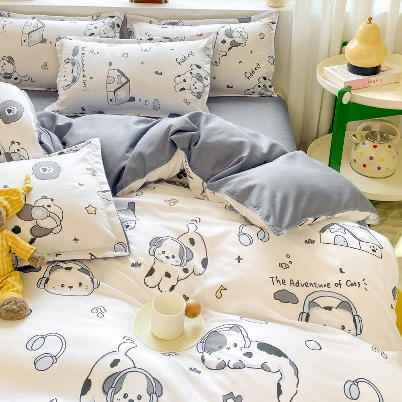 Dormitory Cartoon Printing Three-piece Set, Small Fresh Bed Sheet Quilt Cover, Skin-friendly Four-piece Set