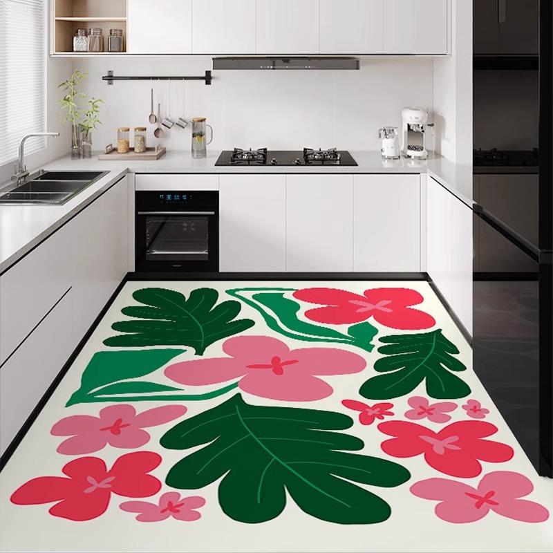 Kitchen Floor Mat Colorful Style Pvc Leather Non-slip Carpet Waterproof Oil-proof Mats Large Area Flower Pattern Decorative Rug