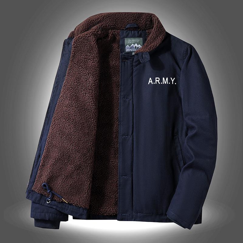 Winter Casual Men's Velvet Thickened Lapel Military Uniform Middle-aged Cotton-padded Coat Loose Lamb Wool Cotton Coat