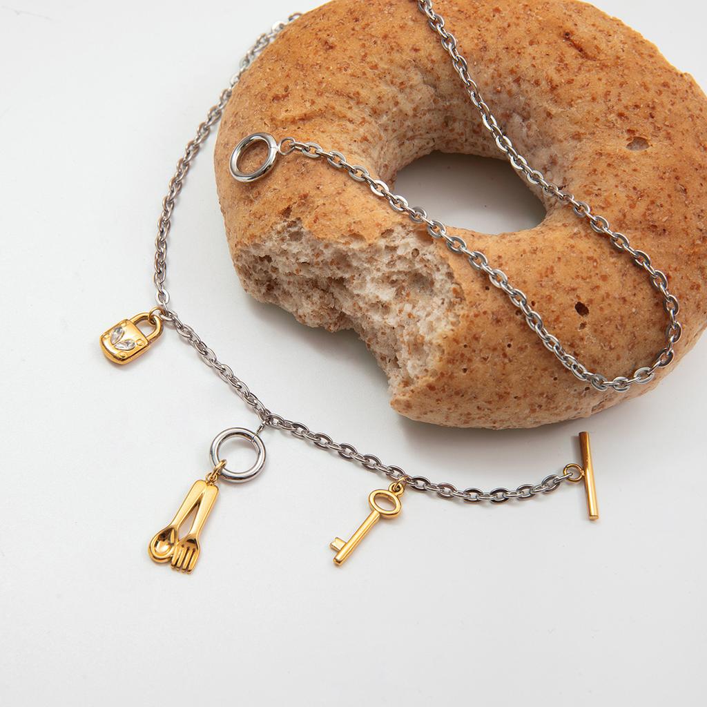 Youthway Lock Key Fork Spoon Pendant Necklace For Women Gold Plated Stainless Steel Necklace Simple Fashion Jewelry Gift