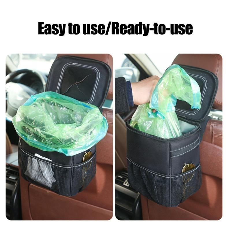 Car Seat Back Trash Can with Mesh Pocket, Fabric Hanging Bin with Water-Resistant Lining for Daily Vehicle Use