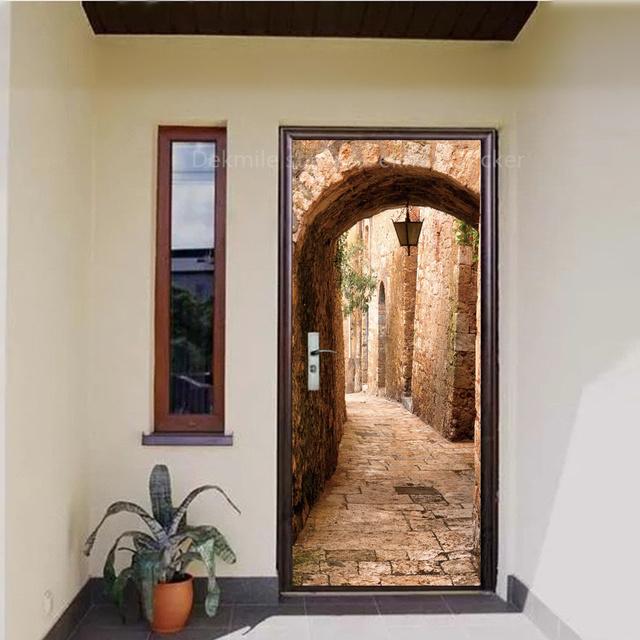 Hnědá samolepka na dveře Vinylové dekorativní dveře Wood Grain 3D chodník Krajina Lepicí tapeta na dveře ocelové přední Deur samolepky