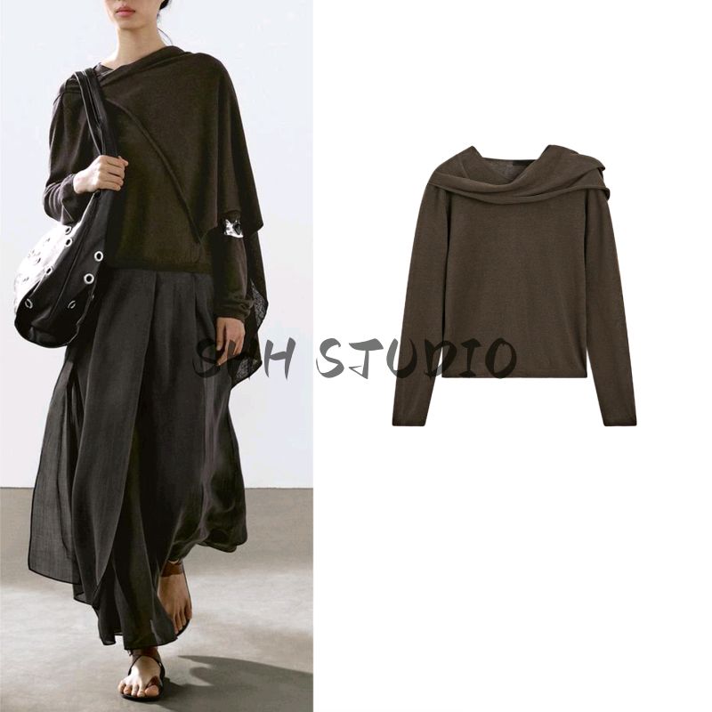 MD Spring and Summer Women's Clothing Linen Blended Art Department Stylish Scarf Collar Long Sleeves Sweater Knitwear 5783722