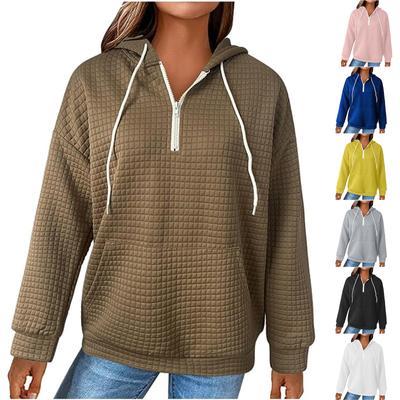 Women's Fashion Casual Loose Zip Hooded Pullover Long Sleeve Patchwork Plaid Sweatshirt Knitted Top