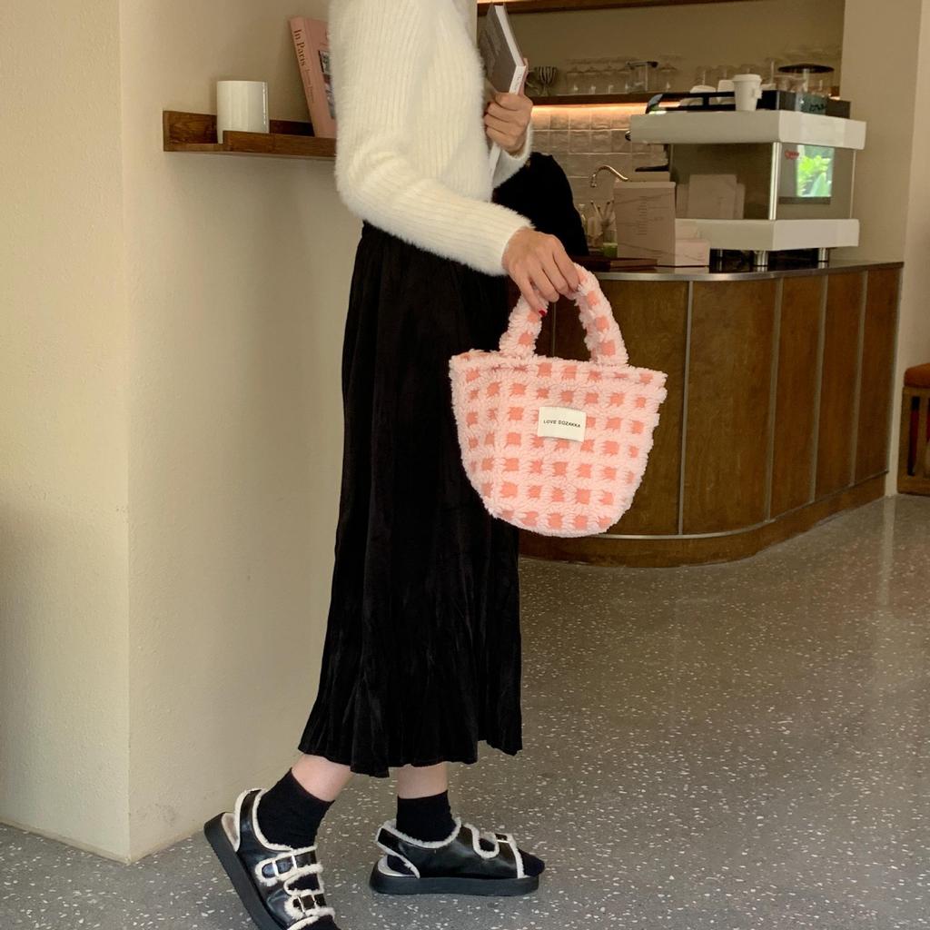 Jesienno-zimowa gofra z włosia jagnięcego Śliczna podręczna torba z grubej bawełny Damska przenośna torebka o dużej pojemności