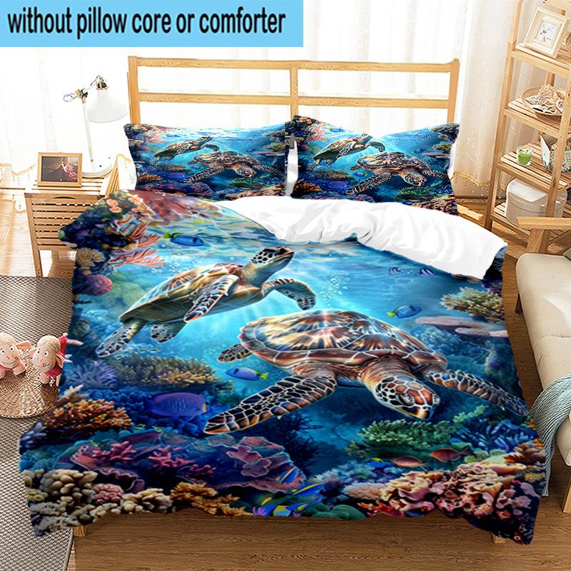 Cartoon Sea Turtle Artwork 3pcs Bedding,Including 1pc Duvet Cover And 2pcs Pillowcases Perfect for Christmas,Ideal for Bedroom, Dormitory