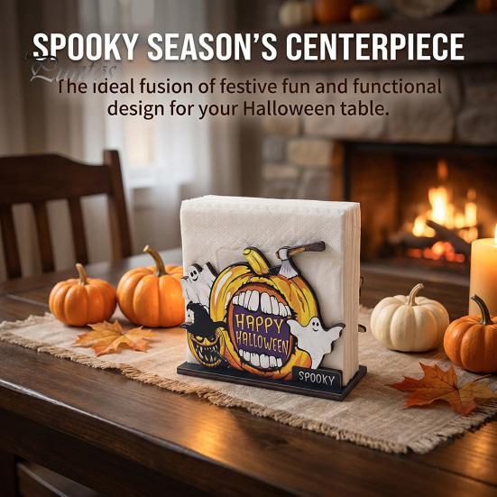 Fall Table Decor Halloween Wooden Napkin Holder, Ghost Pumpkin Decorative Tabletop Tissue Dispenser, Square Storage Box Paper Organizer for