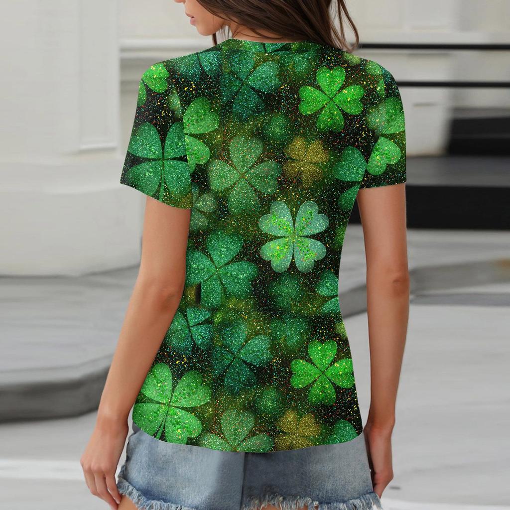 Women's T Shirt Tee Print Button Short Sleeve Daily Weekend Fashion Basic V- Neck Regular Top  St. Patrick's Day