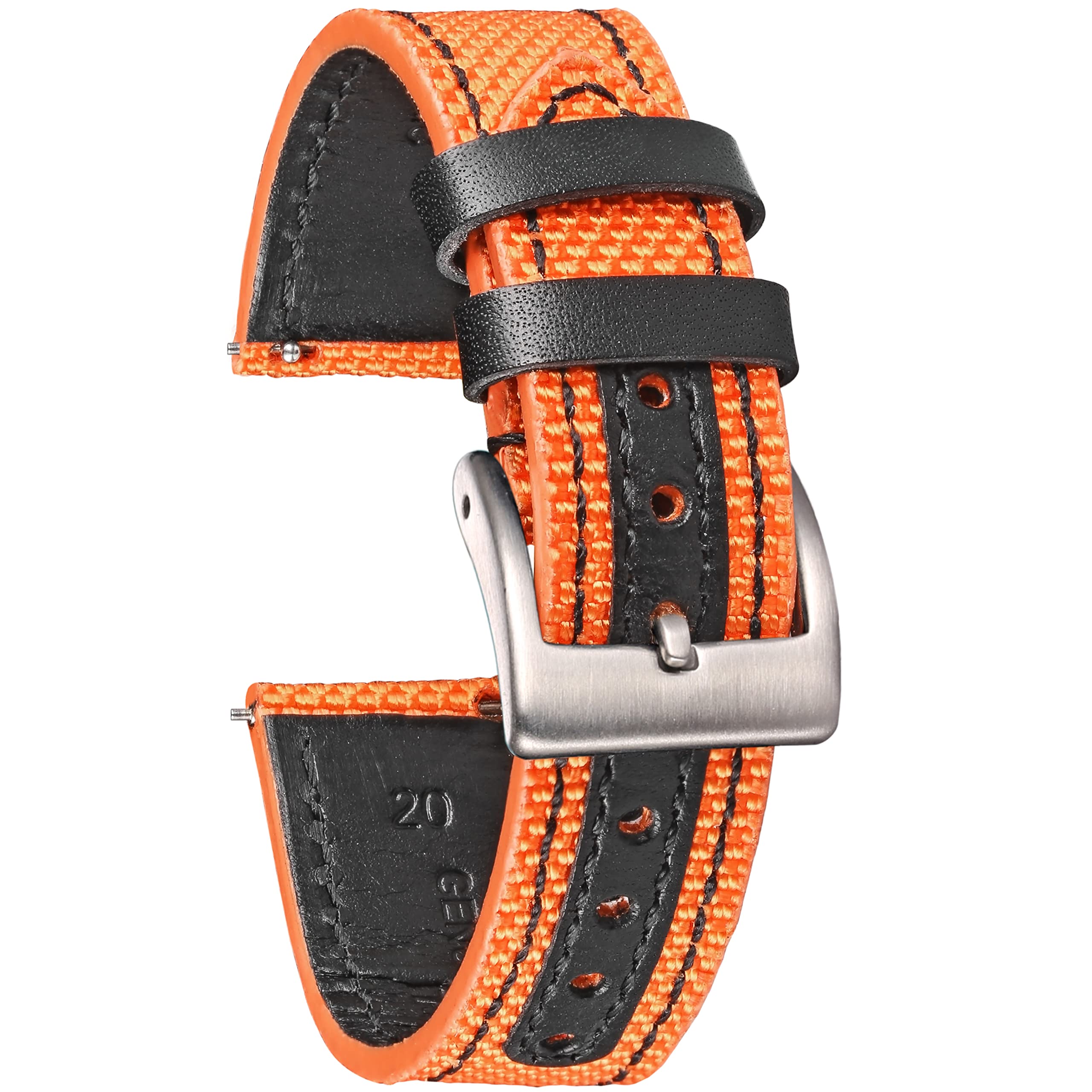 

Hemsut Watch Band - Genuine Leather and Nylon Watch Band (20mm Orange + Black) - Quick Release Watch Strap - Stainless Steel Silver Buckle -