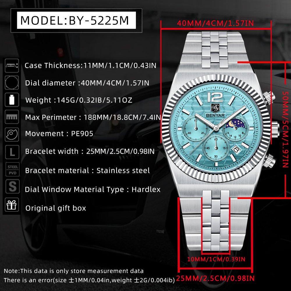 BENYAR BY-5225M 40MM New Original Design Honeycomb Pattern Dial Luxury Men Watch Stainless Steel Chronograph Quartz Watch