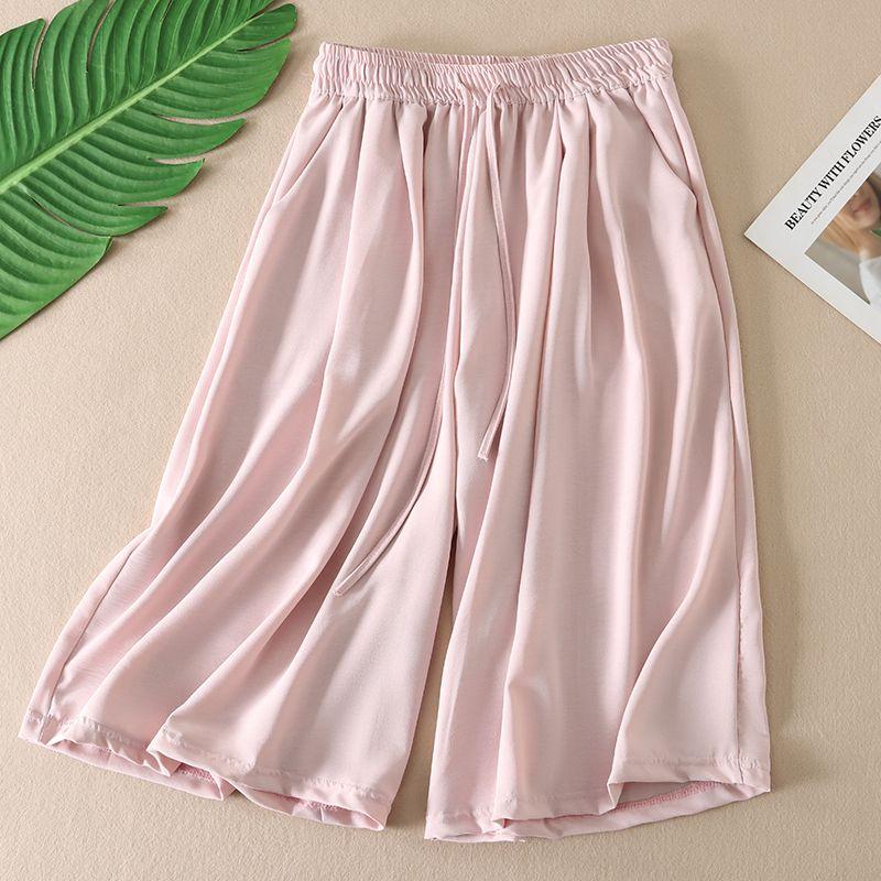 

для Матч Летние Брюки-кюлоты длиной три четверти с широкими штанинами однотонные из ледяного шелка, не мнущиеся, повседневные брюки, женские, легко сочетающиеся, стройнящие, свободные брюки T9 Pink XL