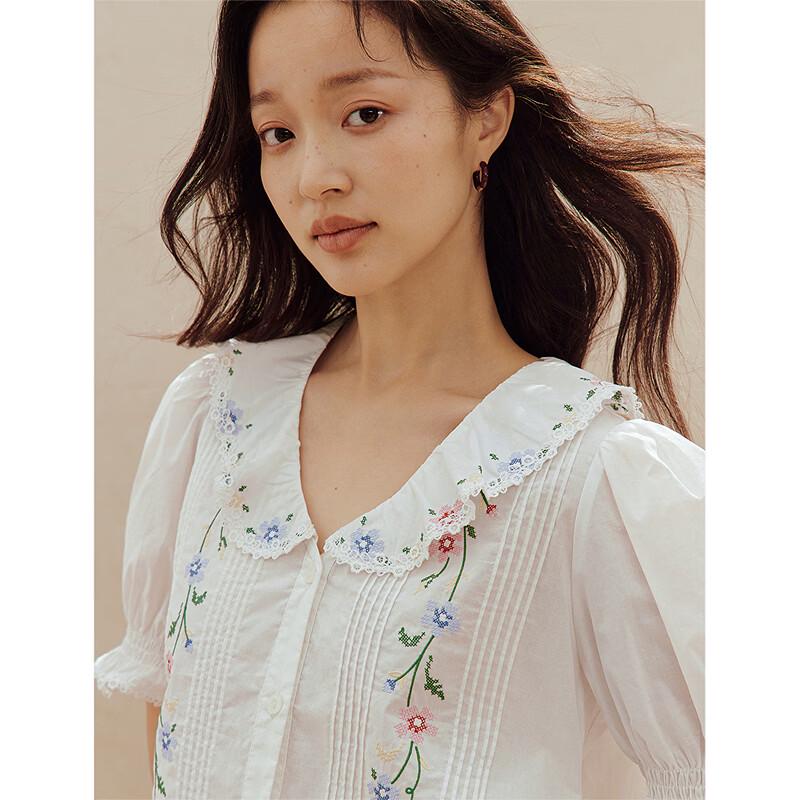 INMAN Women's French Doll Collar Embroidered Puff Sleeve Blouse