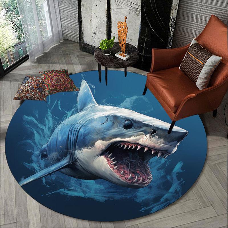 Shark Round Rug Flannel 3D Print Ocean Predator Living Room Kids Room Decor Non Slip Washable Floor Mat Game Room Carpet