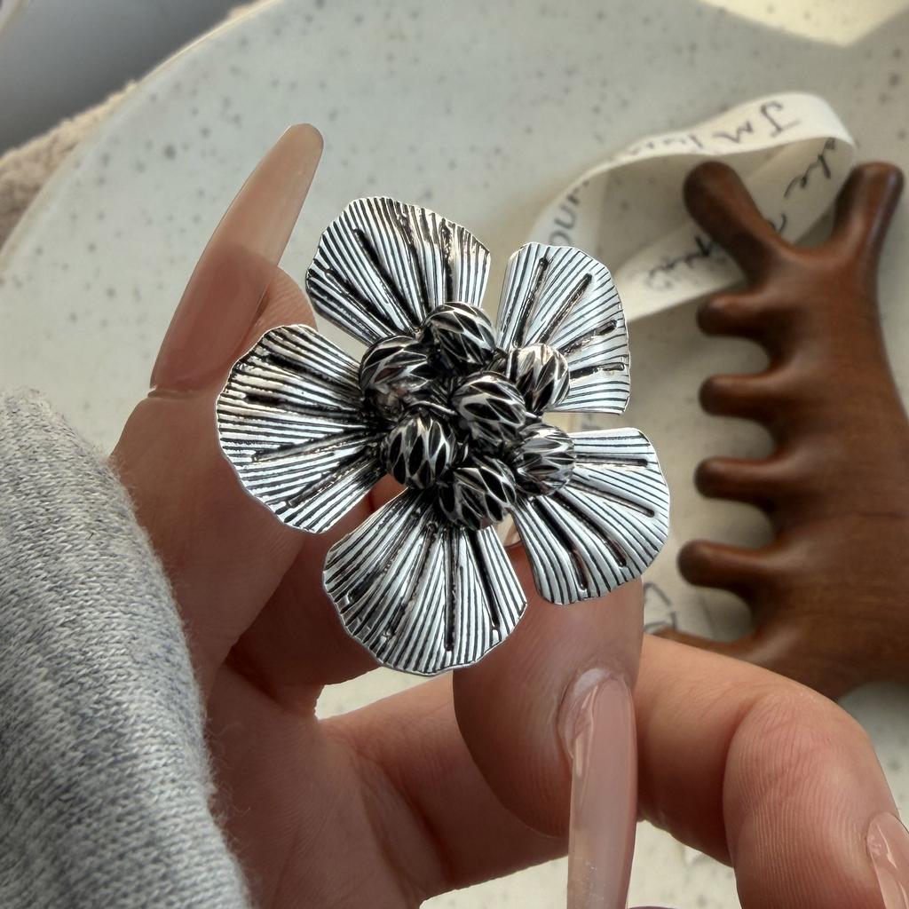 Xiaomi 925 Sterling Silver Rings for Women Couple Minimalist Handmade Simple Vintage Big Flower Ring Fine Jewelry Gift Prevent Allergy