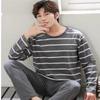 Pajamas Men Long-Sleeved Cotton Autumn and Winter Can Be Worn Outside the Casual Large Size Grey Striped Sleepwear Homewear