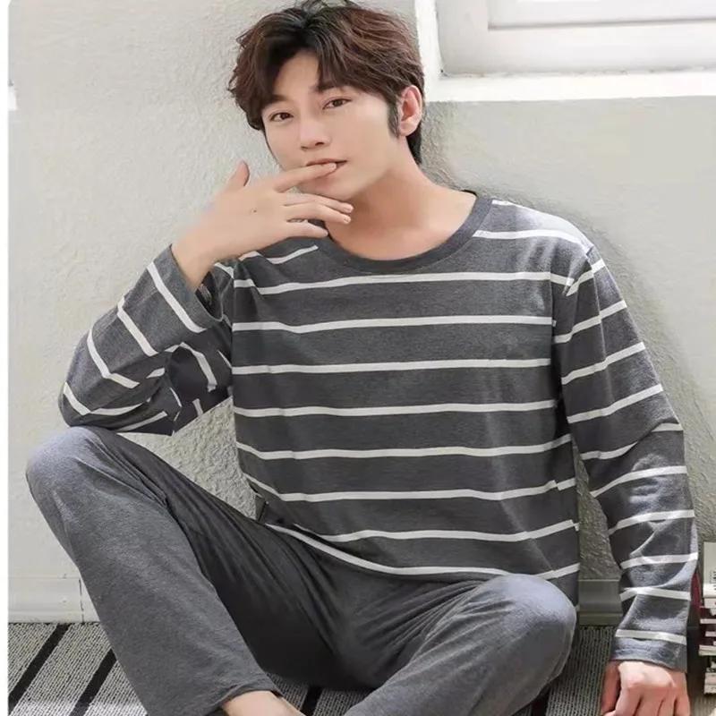 Pajamas Men Long-Sleeved Cotton Autumn and Winter Can Be Worn Outside the Casual Large Size Grey Striped Sleepwear Homewear