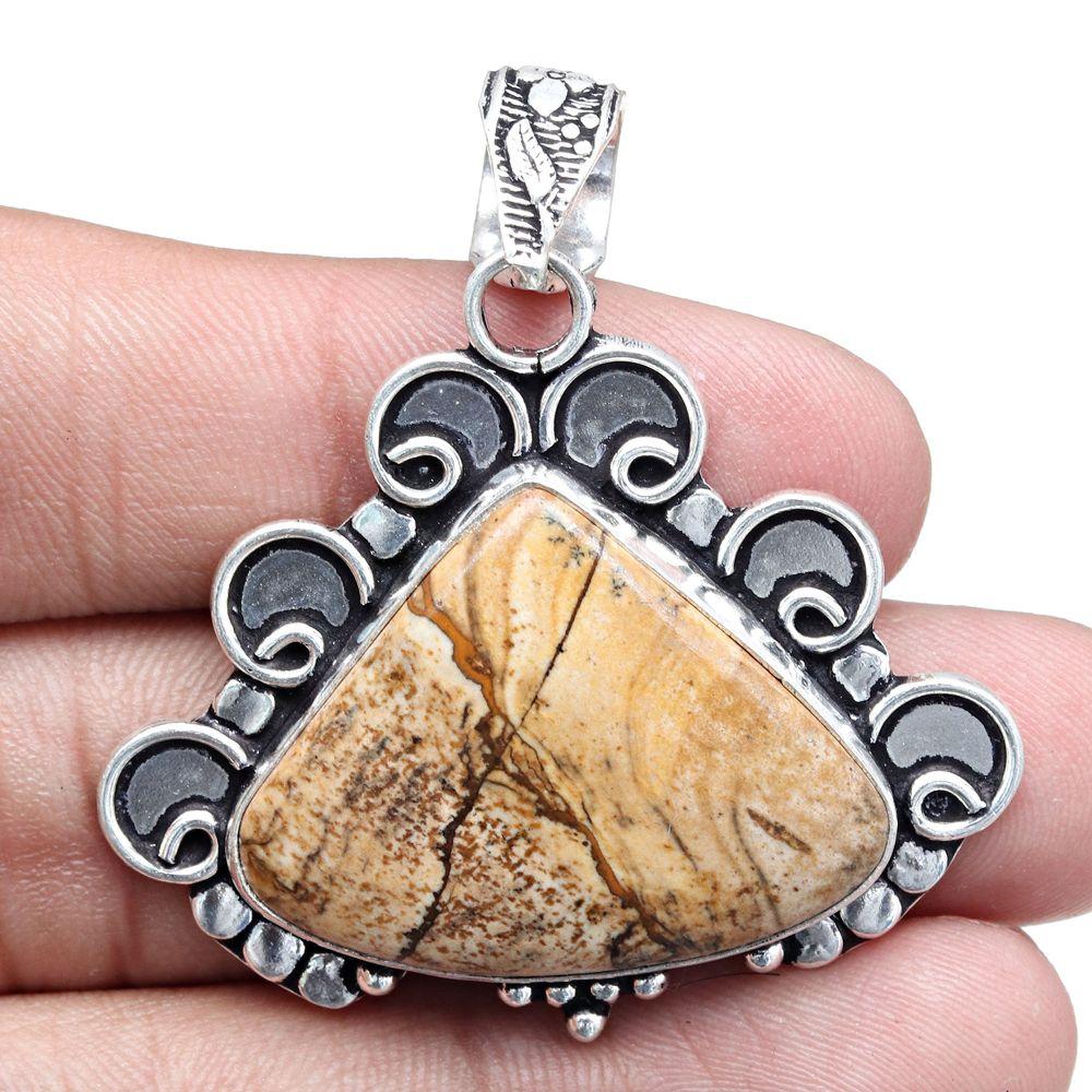 Pendant Picture Jasper Gemstone Gift For Her Silver Jewelry 1.75"