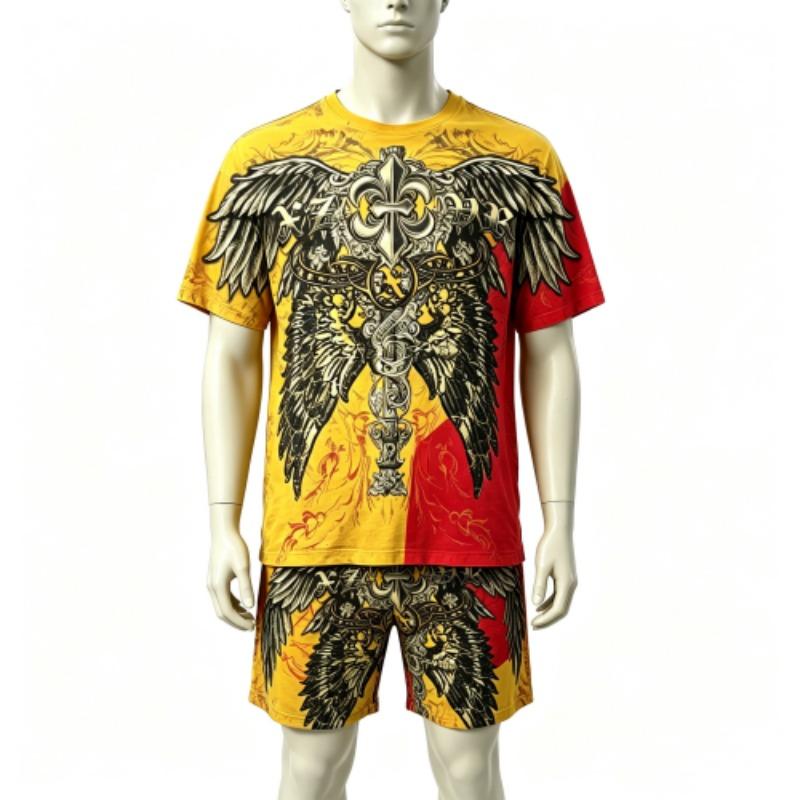 Fashion Summer Casual Retro Angel Wing Printed Round Neck Short Sleeved T-Shirt And Shorts Set Men's and Women's T-shirt Shorts Set