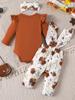 2022 Girls' Long Sleeve Top & Floral Overalls Three-Piece Set - Korean Spring/Autumn Style