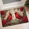 1pc Flannel Mat, Cardinal Bird Red Rose Vintage Wood Grain Print Welcome Door Mat for Bedroom Kitchen Bathroom Non-Slip Floor Mat