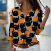 Halloween Cute Pumpkin Cat Lantern Cute Ghost Element Women's Clothing Long Sleeve Shirt Print Lapel Button Holiday Party Tops