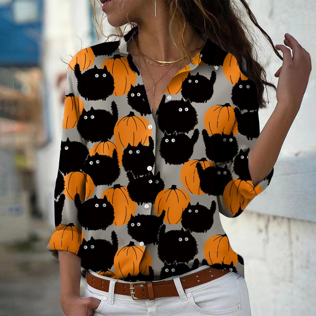 Halloween Cute Pumpkin Cat Lantern Cute Ghost Element Women's Clothing Long Sleeve Shirt Print Lapel Button Holiday Party Tops