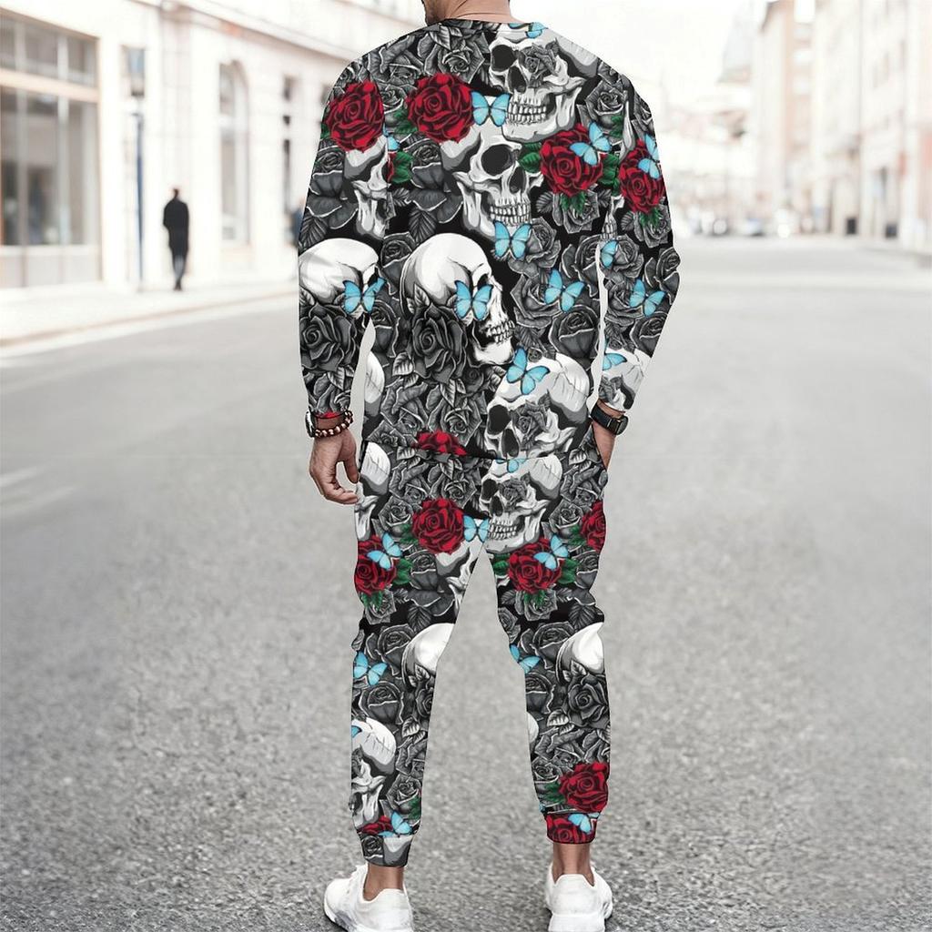 Men Vintage Green Background Skull Blue Butterfly Leaf Print Long Sleeve Sweatshirt Jogger Pants Two Piece Suit
