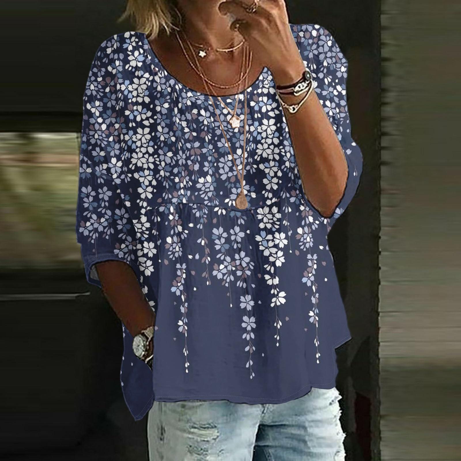 

Linen Shirts For Women 3/4 Sleeve Button Down O Neck Summer Tops Dressy Casual Cute Shirts XXL Темно-синій