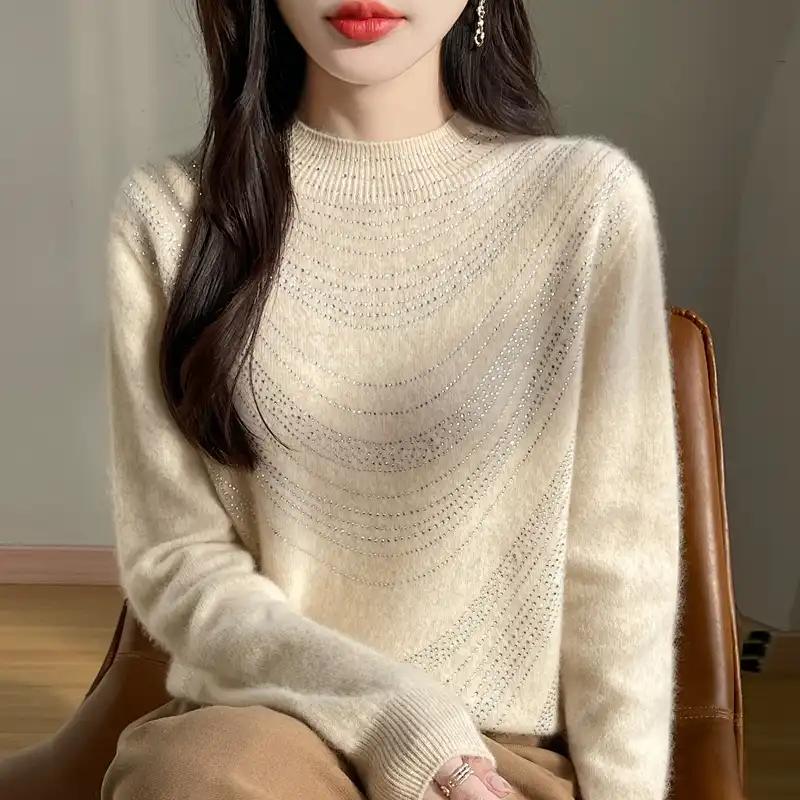 Pullover für Damen Herbst Winter Verdickter Pullover Warm Gestrickt Gestreift Rundhals Basisschicht Dehnbar Langarm Oversize Jumper Oberteile