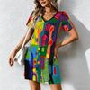 Mode d'été pour femmes Robe à col en V à manches courtes avec imprimé géométrique rétro Jupe courte sexy Robes