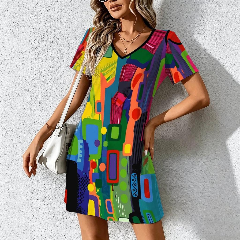 Mode d'été pour femmes Robe à col en V à manches courtes avec imprimé géométrique rétro Jupe courte sexy Robes