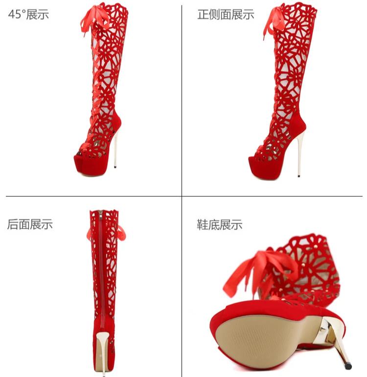 Moda Nuovi Sandali Sexy Neri Rossi con Cinturino Incrociato, Tagliati, Bocca di Pesce, Tacchi Altissimi, Stivali Cool, Piattaforma Impermeabile, Tubo d'Acciaio, Danza