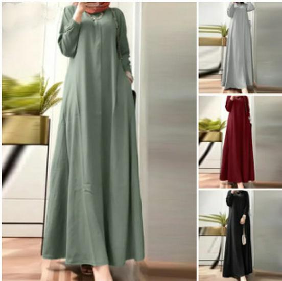 Plus Size Muslim Women's Solid Long Sleeve Loose Robe Dress