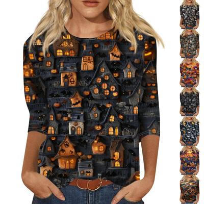 3/4 Sleeve Shirts For Women Cute 3D Halloween Printed Graphic Tees Blouses Casual Plus Size Basic Tops Pullover
