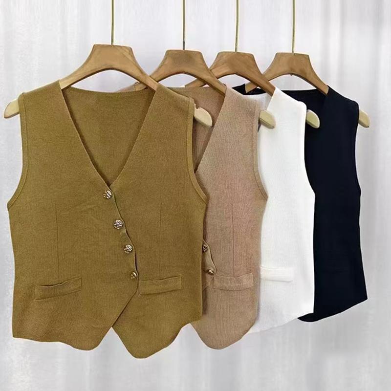French Retro V-Neck Single-Breasted Irregular Sleeveless Slim Knitted Vest For Women