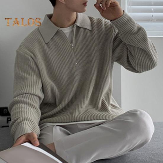 Fall Winter Men Sweater Turn-down Collar Half Zipper Long Sleeves Solid Color Loose Knitted Top Daily Wear School Work Knitwear